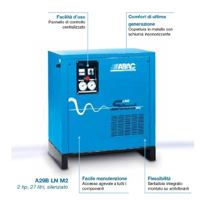 COMPRESSORI CON TRASMISSIONE A CINGHIA MONOSTADIO E BISTADIO SILENZIATO ABAC MODELLO A29BLNT2
