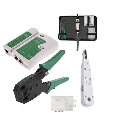 KIT FTTH COMPOSTO DA PINZA CRIMPATRICE, MOLLETTA SPELLACAVO, TESTER LAN E ASSORTIMENTO DI PLUG